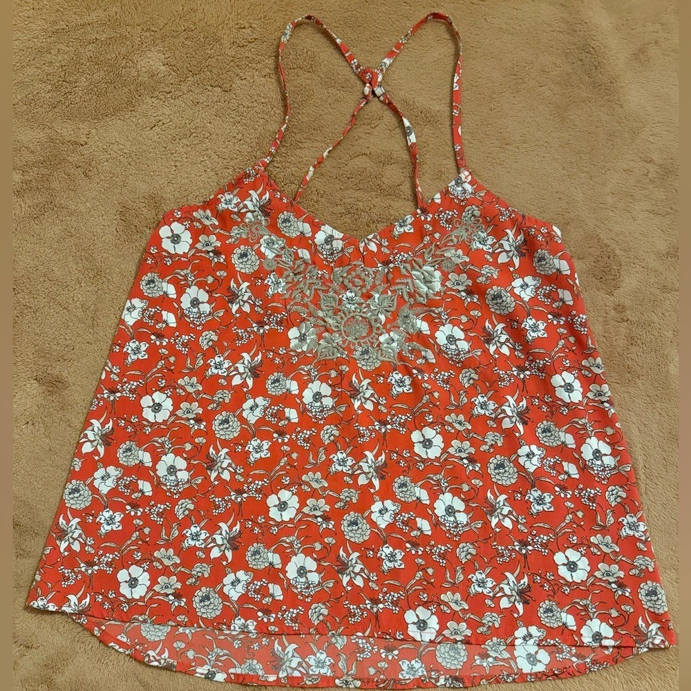 Hollister Womens XS Orange Floral Embroidered Boho Cami Racerback Tank Top